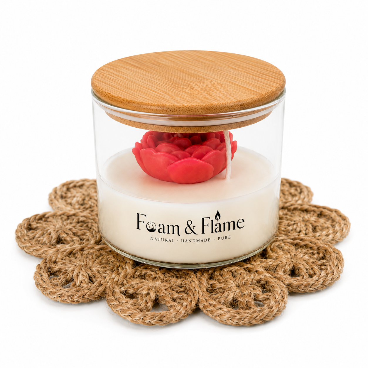 Rose Flower Scented Candle with Glass Jar & Bamboo Lid