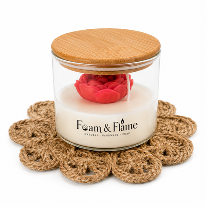 Rose Flower Scented Candle with Glass Jar & Bamboo Lid