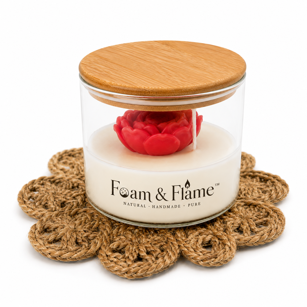 Rose Flower Scented Candle with Glass Jar & Bamboo Lid