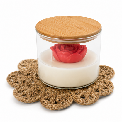 Rose Flower Scented Candle with Glass Jar & Bamboo Lid
